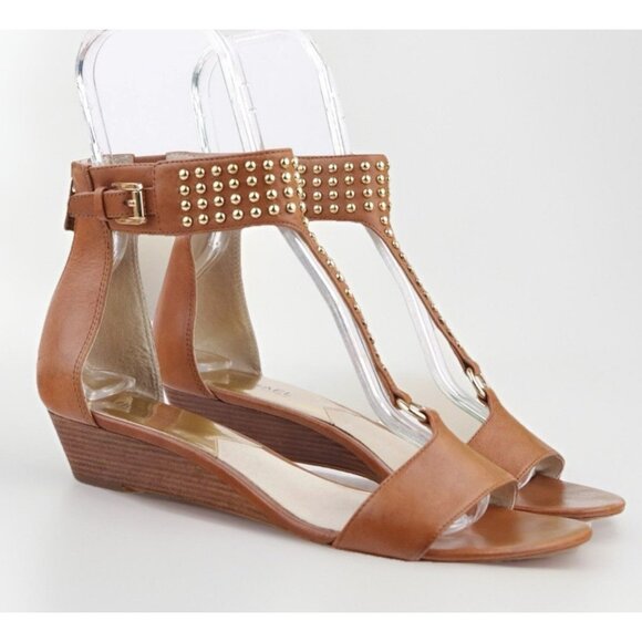 Michael Kors Women's Celena Sandal Size 7 Low Wedge Studded Ankle Strap Cognac - Picture 1 of 9